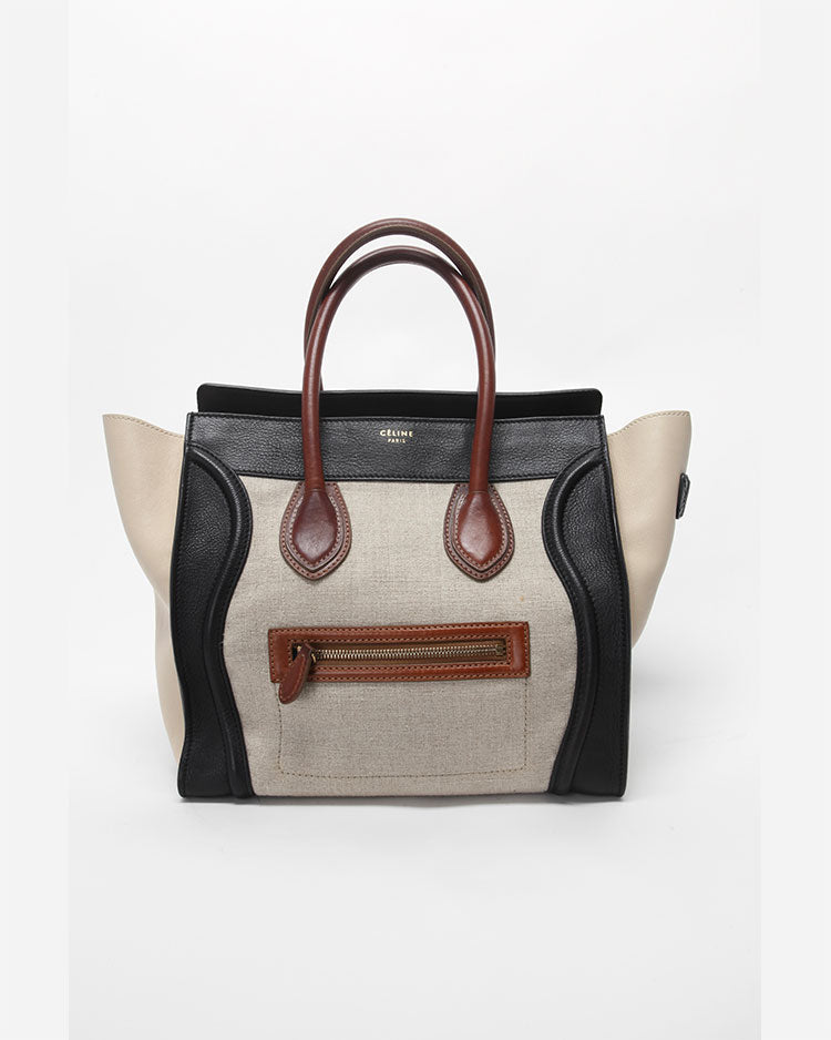 Celine Medium Luggage Tote in Calfskin Leather and Canvas